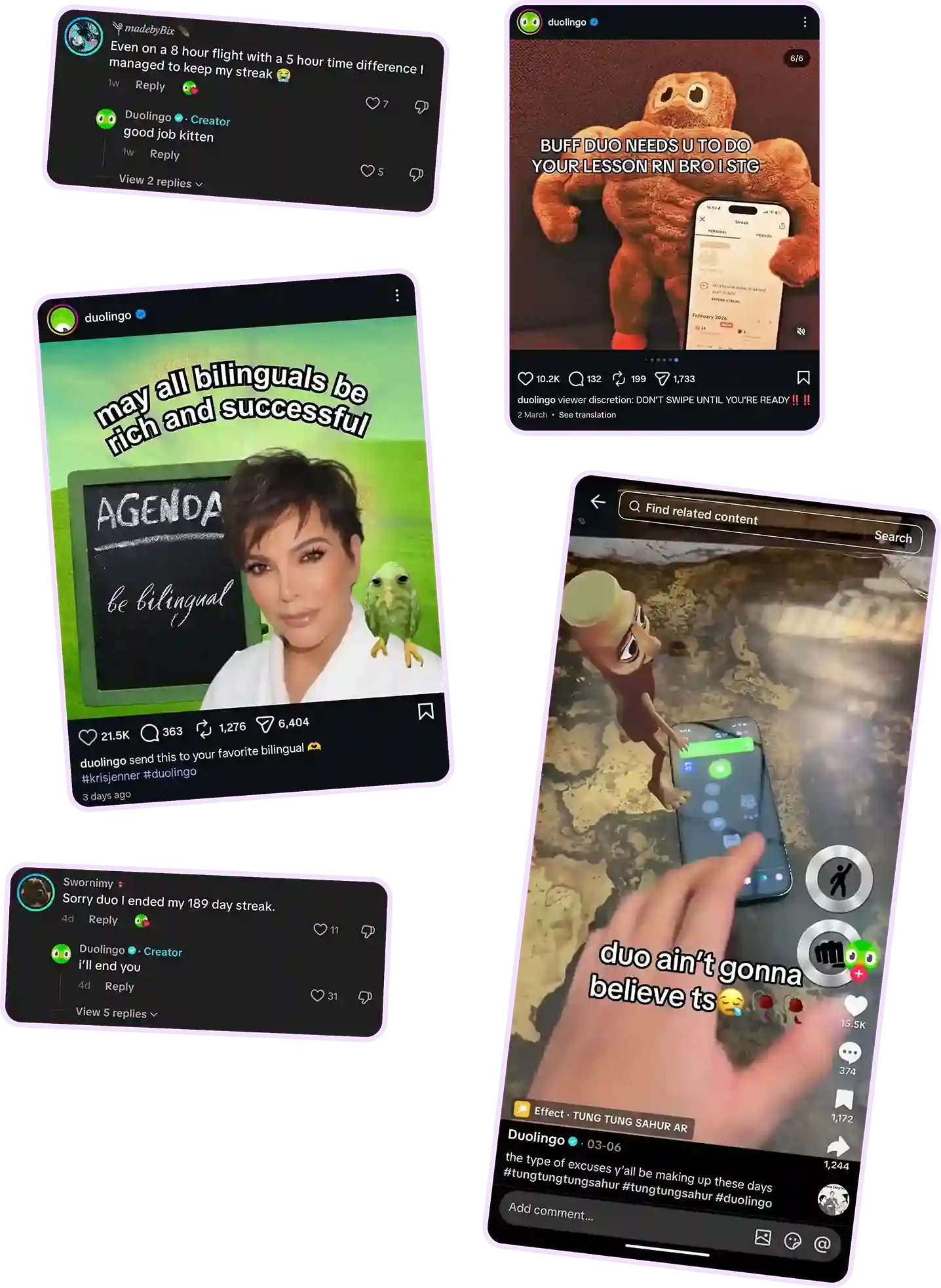 Image showcasing the research process for the Duolingo case study, including screenshots of social media posts and a user interview in progress