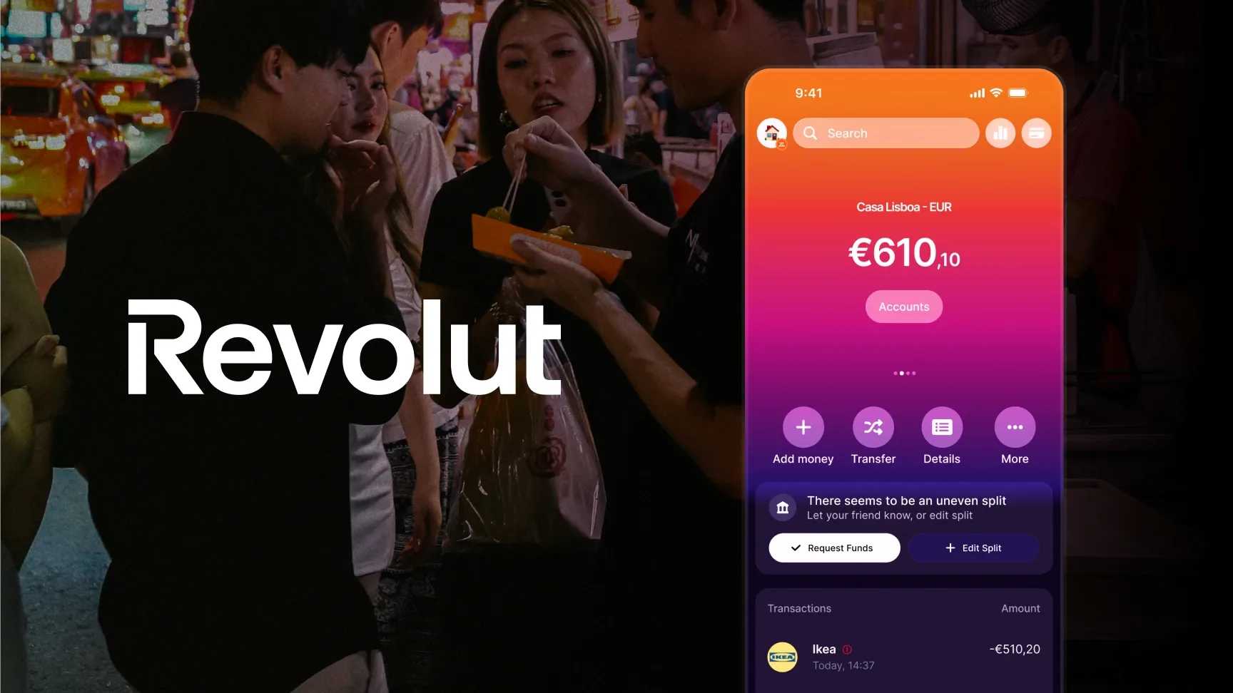 Revolut Shared Pouch thumbnail woth an image of friends getting together and sharing a meal, showcasing the app screen of the shared pouch feature